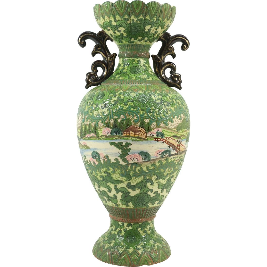 Quality Green Decorated Moriage Ceramic Pottery Vase with Landscape Scene 18.75 in. height (1 of 20)