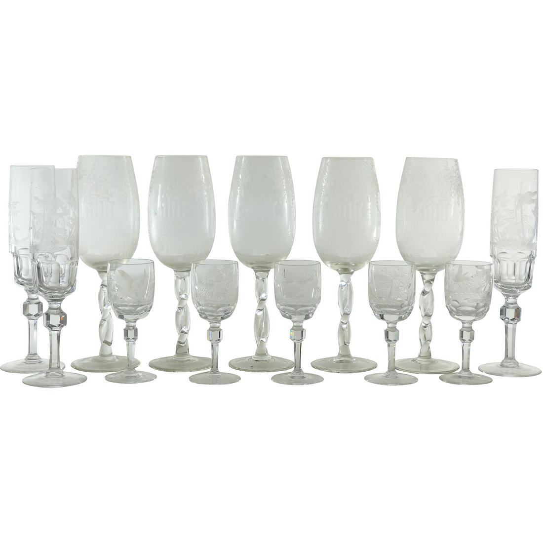 [13] Assorted Size Stemware Glasses Etched Scenes with Castles, Birds, Trees (1 of 20)