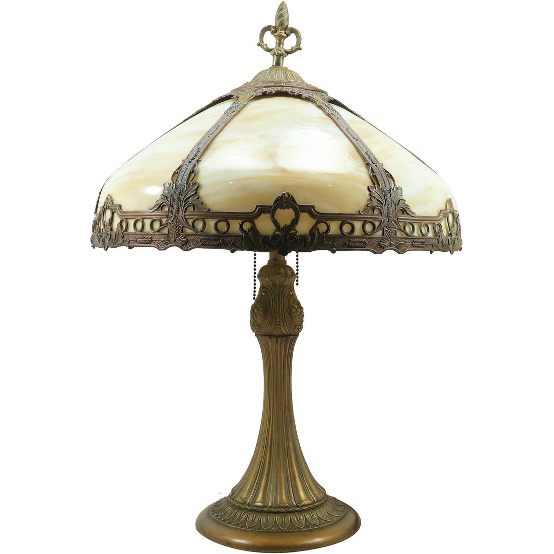 Antique 6-Panel Curved Slag Glass Table Lamp, Original Patina, Glass All Good 24 in. height (1 of 18)