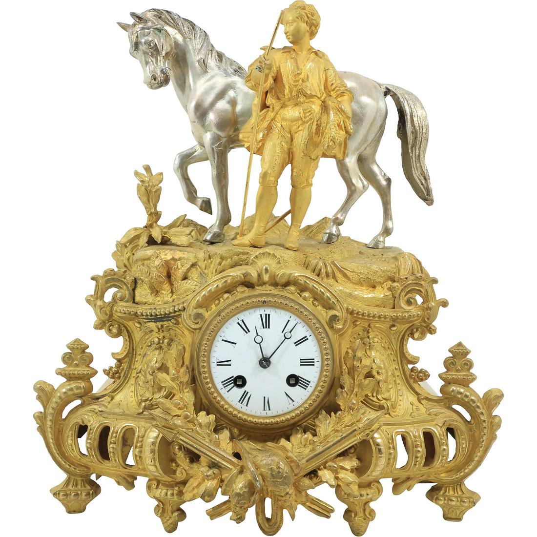 Spectacular C. 1850 Gold Gilt Bronze Fancy French Figural Mantle Clock Classical Man, Horse (1 of 20)