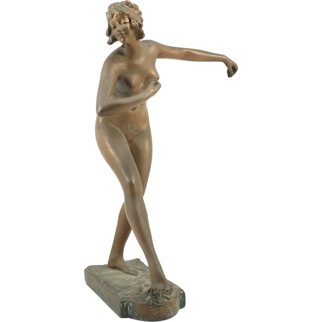 Antique Bronze Clad Art Deco Nude Dancer Artist Signed Illegible 19 inches height: Antique Bronze Clad Art Deco Nude Dancer Artist Signed Illegible 19 inches height, Original patina. size: 19 in. x 12 in. x 8.5 in. For more additional photos please 