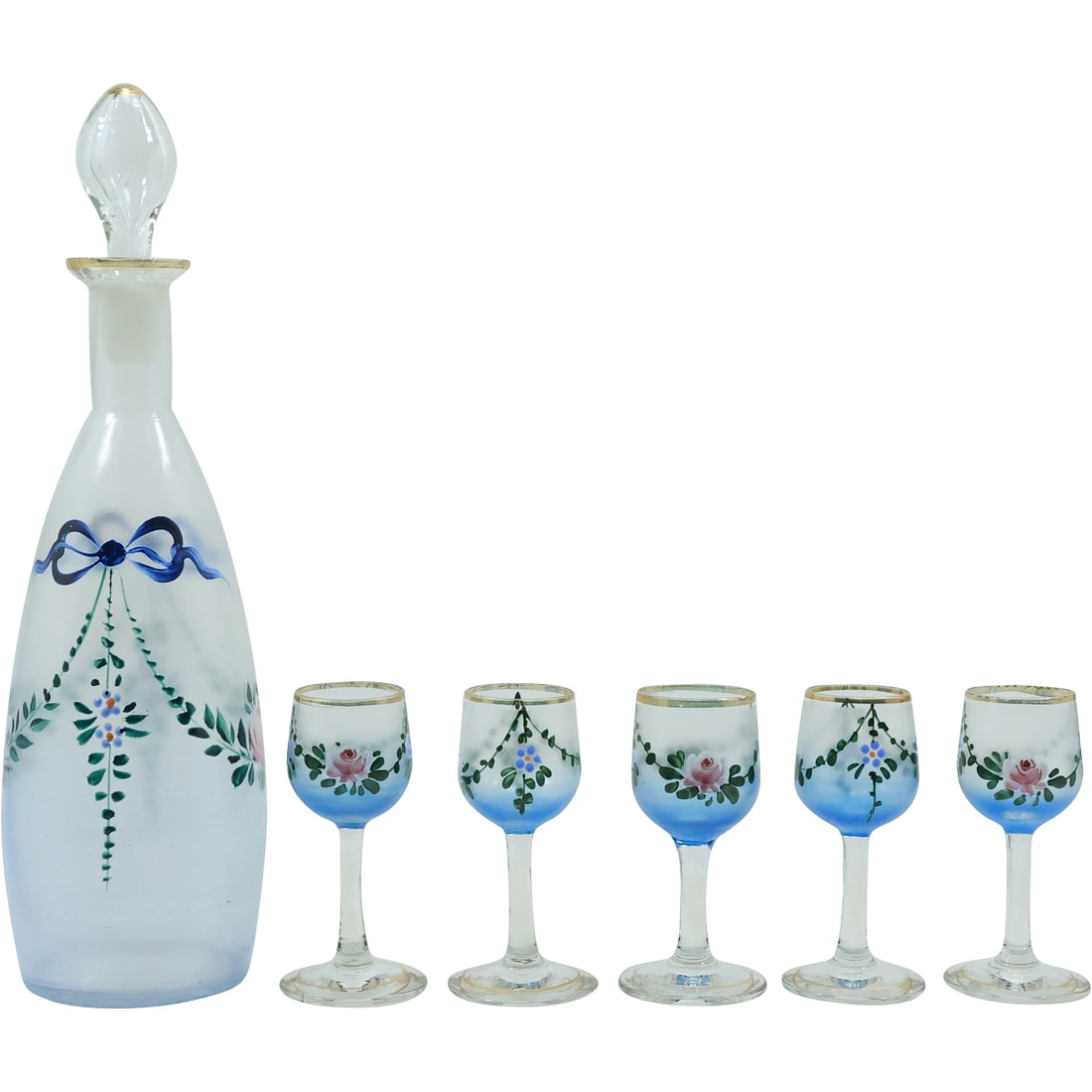 Hand Painted Glass Liquor Decanter with 5 Hand Painted Stem Cordials (1 of 20)