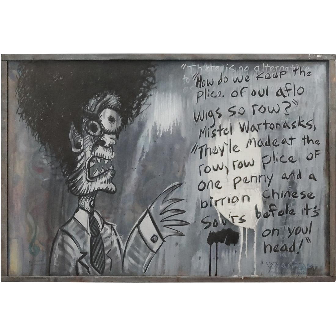 Strange Outsider Art Large Oil on Board Painting, Artist Signed Illegible on Verso 24 in. x 36 in.: Strange Outsider Art Large Oil on Board Painting, Artist Signed Illegible on Verso 24 in. x 36 in. size: 24 x 36, 25.5 x 37.5 outside frame Terms of Sale - Reminder: All descriptions and titles are so
