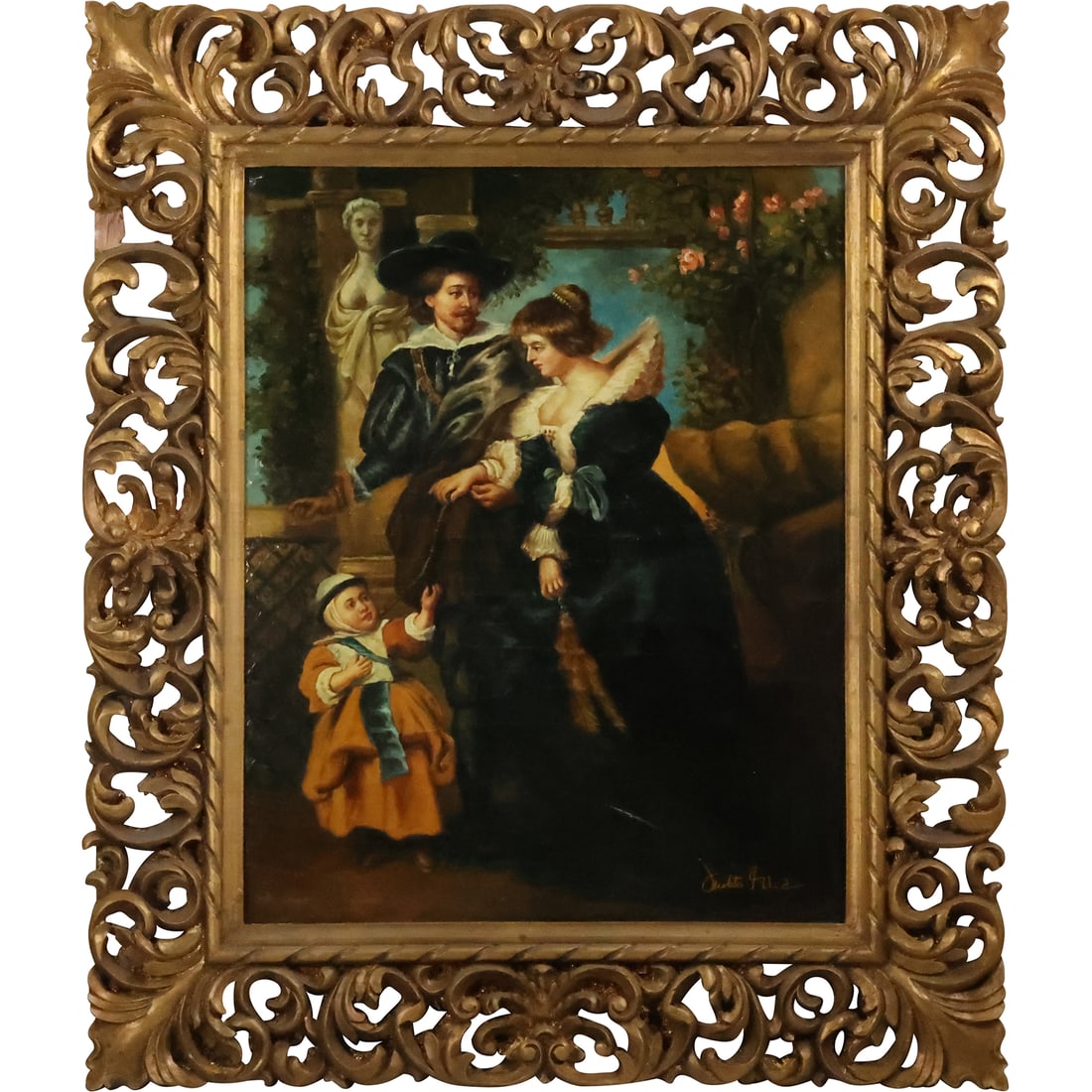 Old World Style Oil Painting on Canvas Man, Woman, Child, Artist Signed Illegible, Fancy Frame (1 of 16)