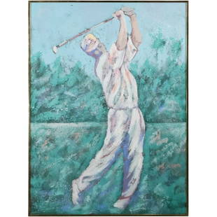 LEE REYNOLDS Signed Large Impressionism Oil on Canvas Painting GOLFER Figure: LEE REYNOLDS Signed Large Impressionism Oil on Canvas Painting GOLFER Figure. size: 46 in. x 34 in., 46.25 in. x 34.25 in. outside frame. Lee Reynolds / Lee Burr well listed American Artist goes by 2