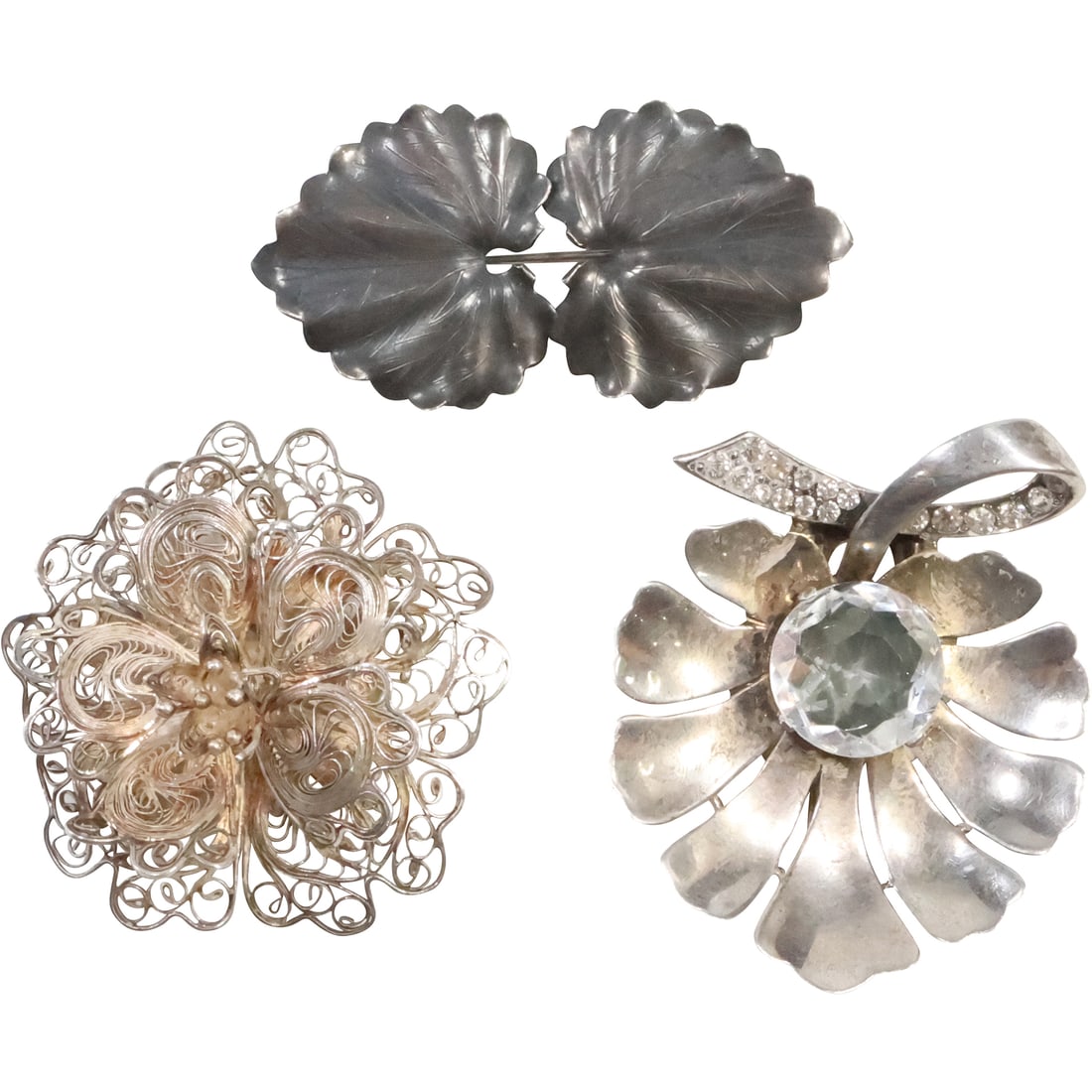 [3] Sterling Silver Assorted Pins and Clip: Mexico Filigree Pin; Vintage Pin; Rhinestone Flower Clip (1 of 19)