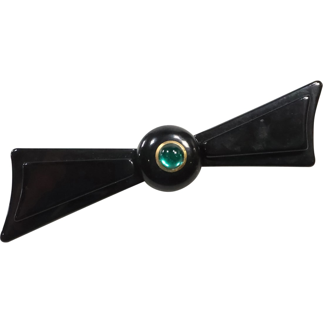 Art Deco Black Bakelite with Green Color Stone Bow Tie Pin , Italy, Saks Fifth Avenue 4.5 in. (1 of 11)