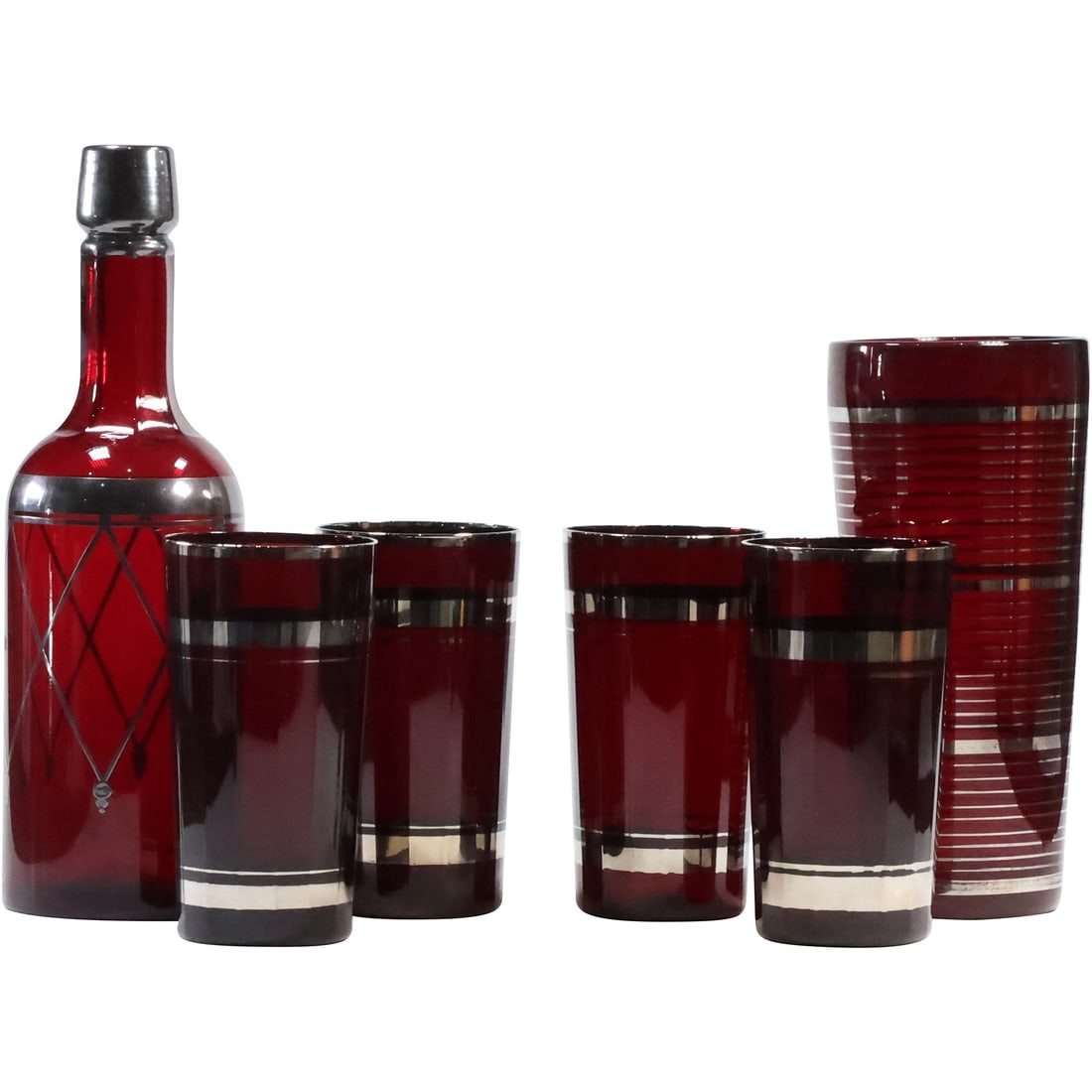 6 Pieces Ruby Red Glass with Silver Ring Trim Liquor Bottle, Vase, and 4 Drinking Glasses (1 of 20)