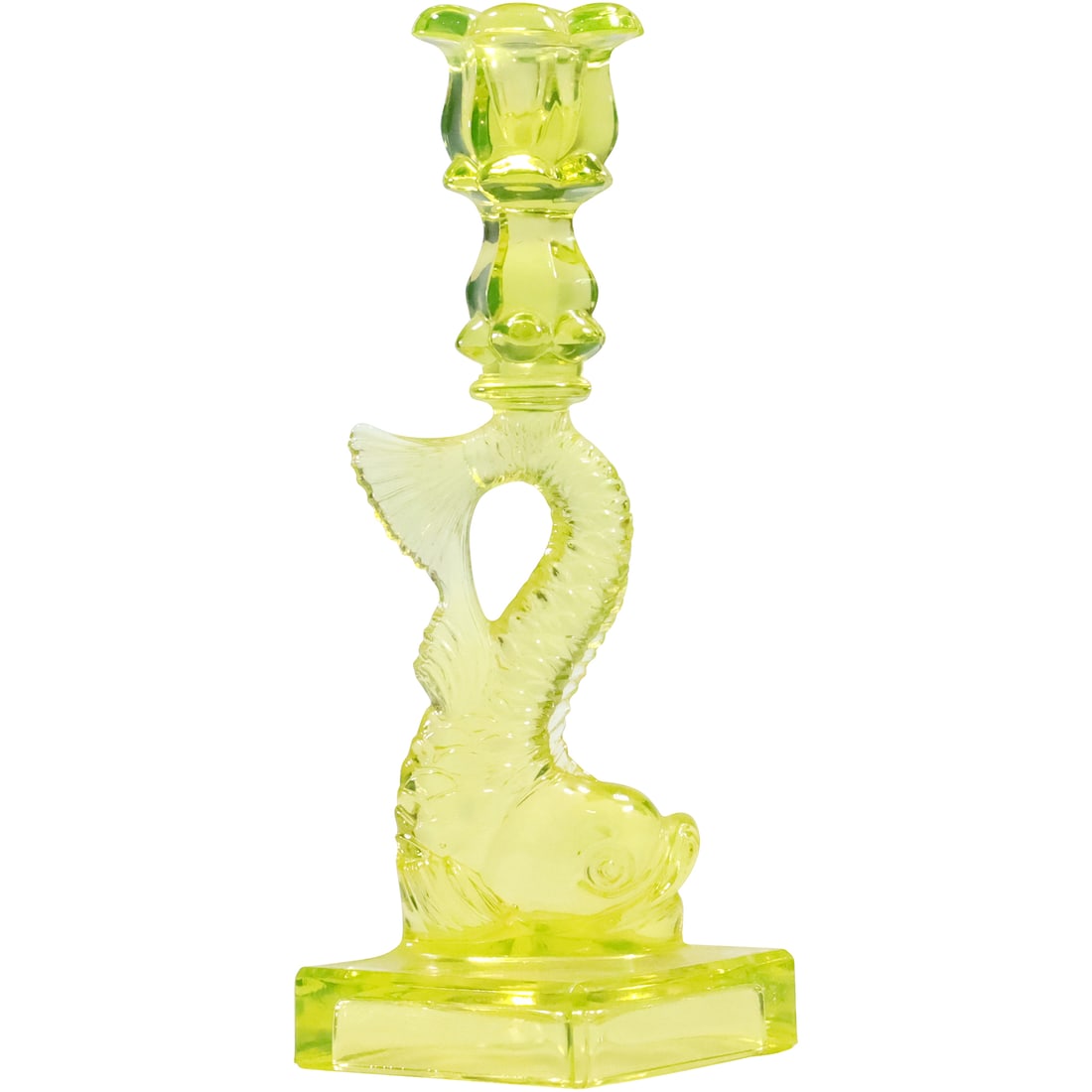 Vaseline Glass Dolphin Candlestick marked MMA, 10.5 inches height (1 of 13)