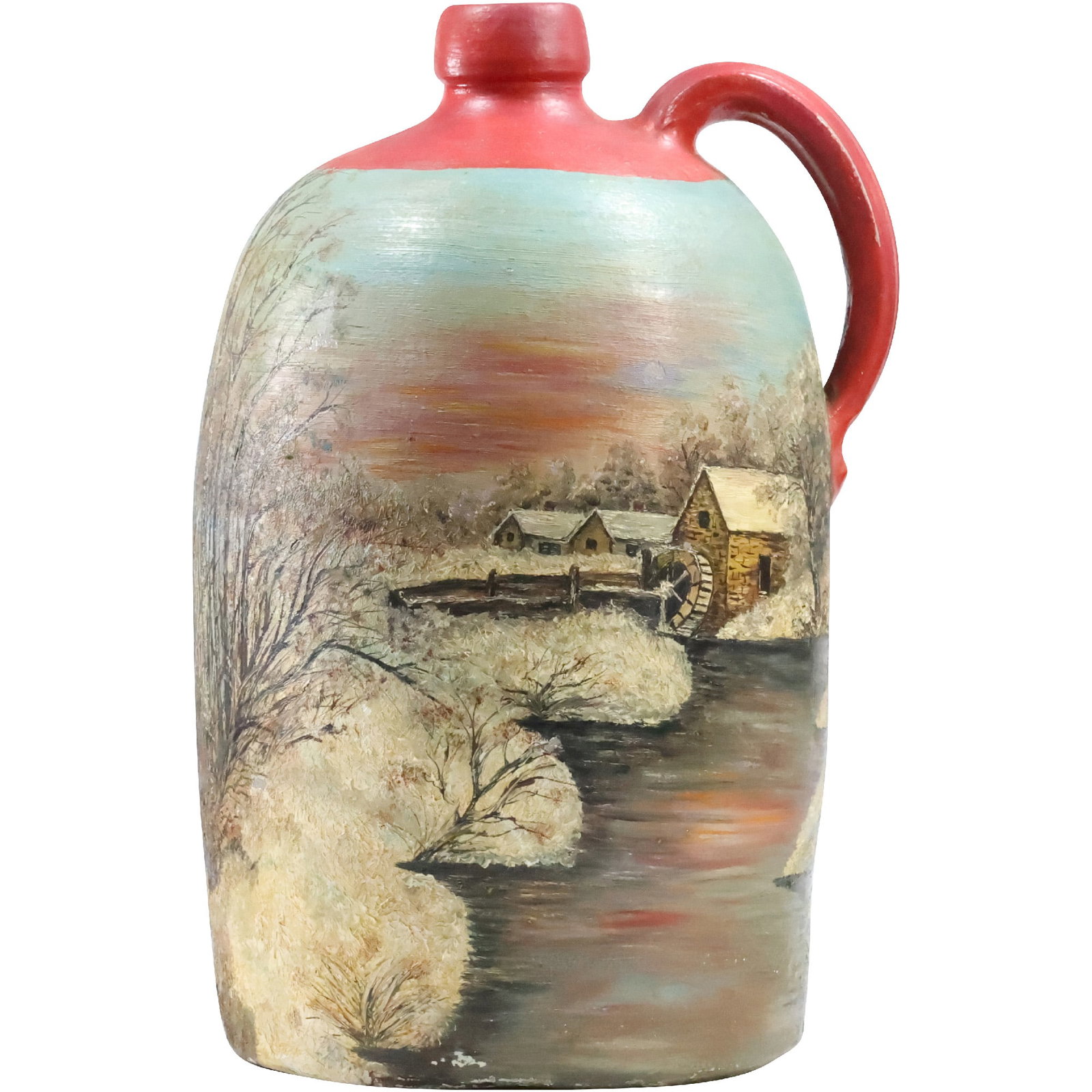 Country Stoneware Jug with Hand Painted Gristmill in Winter Landscape Signed A G Malone (1 of 20)
