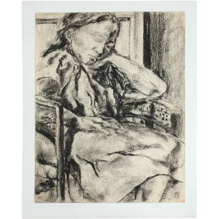 XU BEIHONG Chinese artist Charcoal Drawing, Elder Woman Seated in Chair, Signed in Monogram: Charcoal Drawing, Elder Woman Seated in Chair, Signed in Monogram. size: 23.5 in. x 18 in., 26.75 in. x 21 in. paper Terms of Sale - Reminder: All descriptions and titles are solely opinions and do no