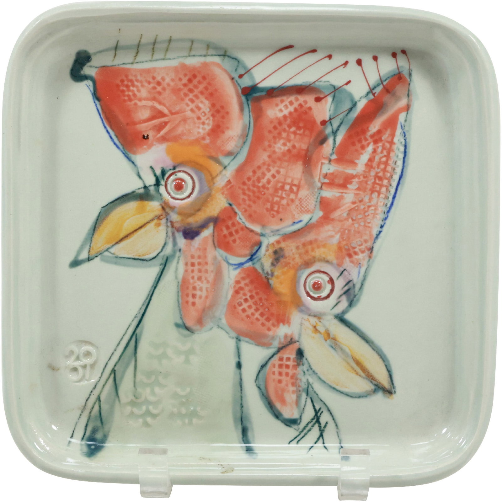 Jim Reno, Art Studio Ceramics, Double Roosters Plate, Signed (1 of 17)