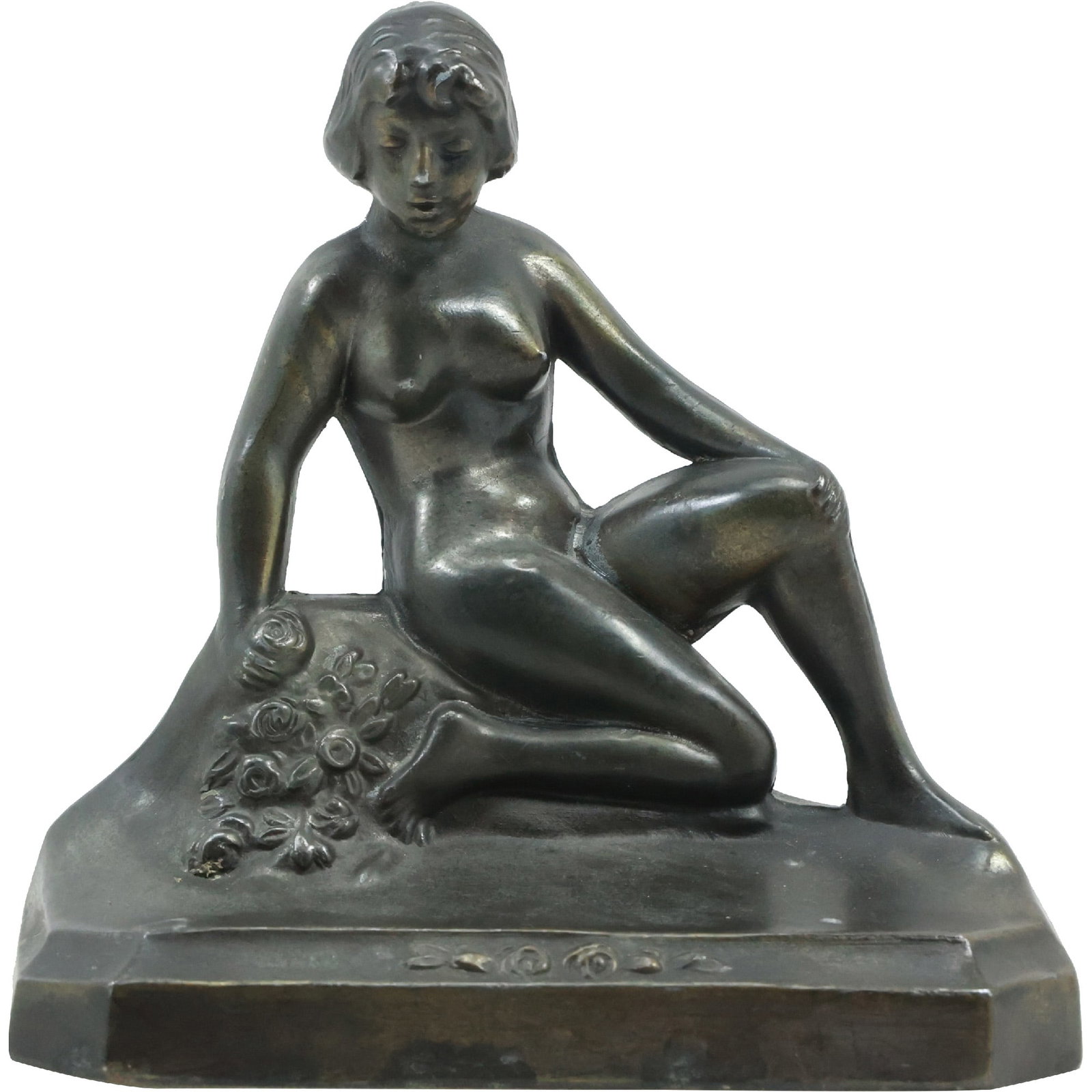 Circa 1920 Cast Metal Art Deco Seated Nude Girl Single Bookend, Original Patina: Circa 1920 Cast Metal Art Deco Seated Nude Girl Single Bookend, Original Patina. size: 5.25 in. x 5.25 in. Terms of Sale - Reminder: All descriptions and titles are solely opinions and do not warrant 