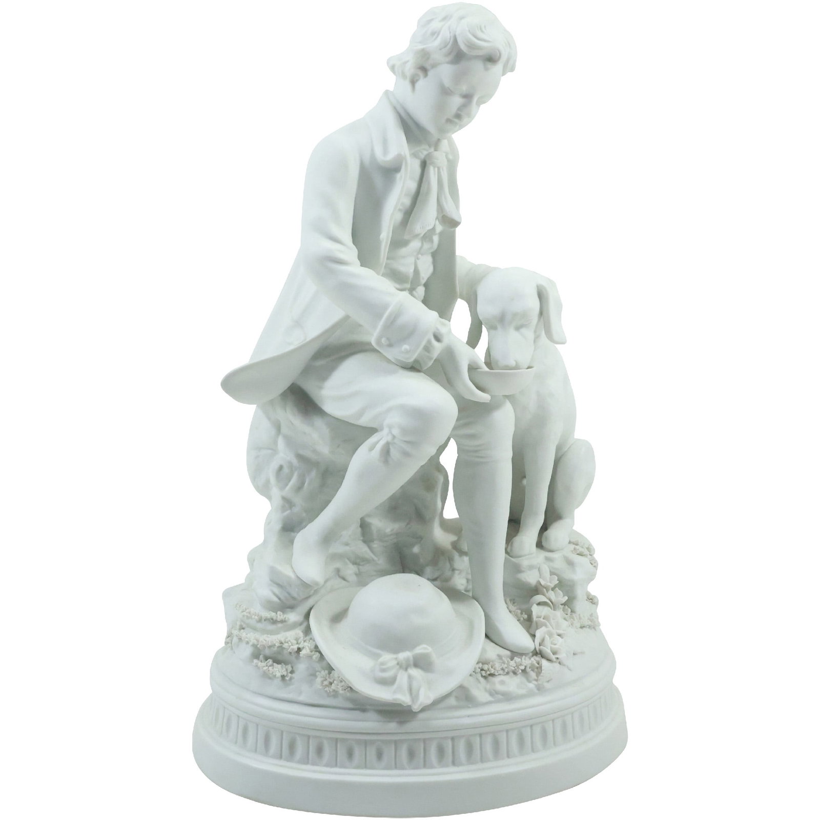Very Fine Parian Grouping Young Man with His Dog With Bowl of Water 15.5 inches height: Very Fine Parian Grouping Young Man with His Dog With Bowl of Water 15.5 inches height. size: 15.5 in. x 10 in. Terms of Sale - Reminder: All descriptions and titles are solely opinions and do not war