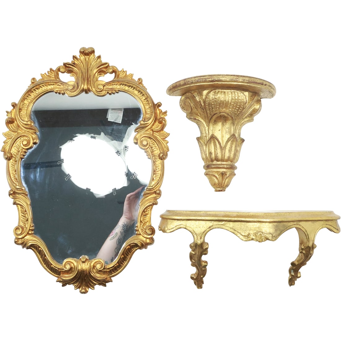 3 Pieces Italian Gold Gilt Wood Bracket Shelf, Shaped Mirror with Wall Shelf (1 of 16)