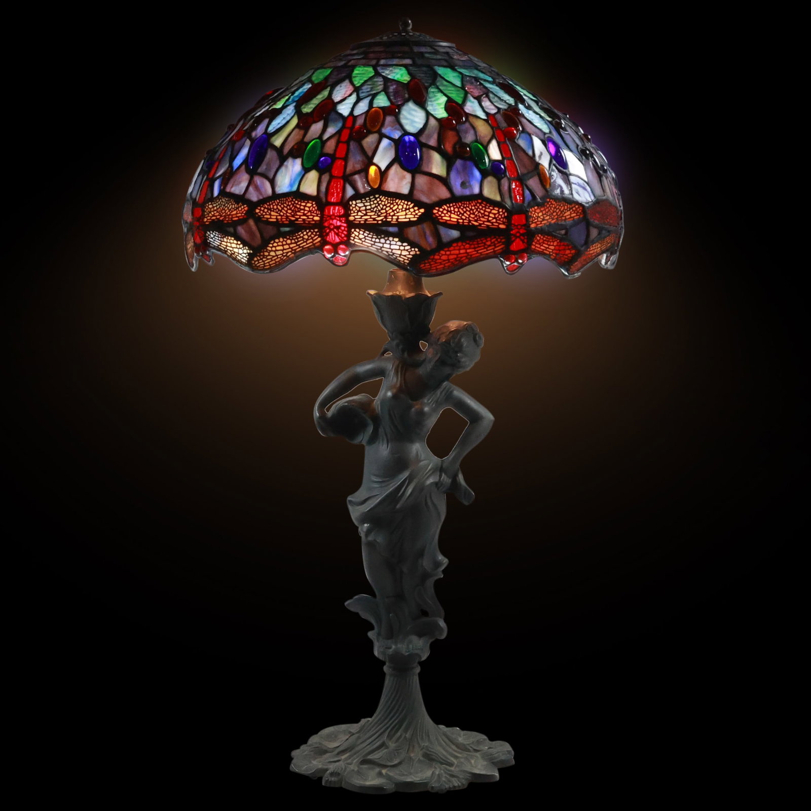 Vintage Cast Metal Spelter Art Nouveau Woman Lamp with Drop Head Dragonfly Leaded Shade (1 of 20)