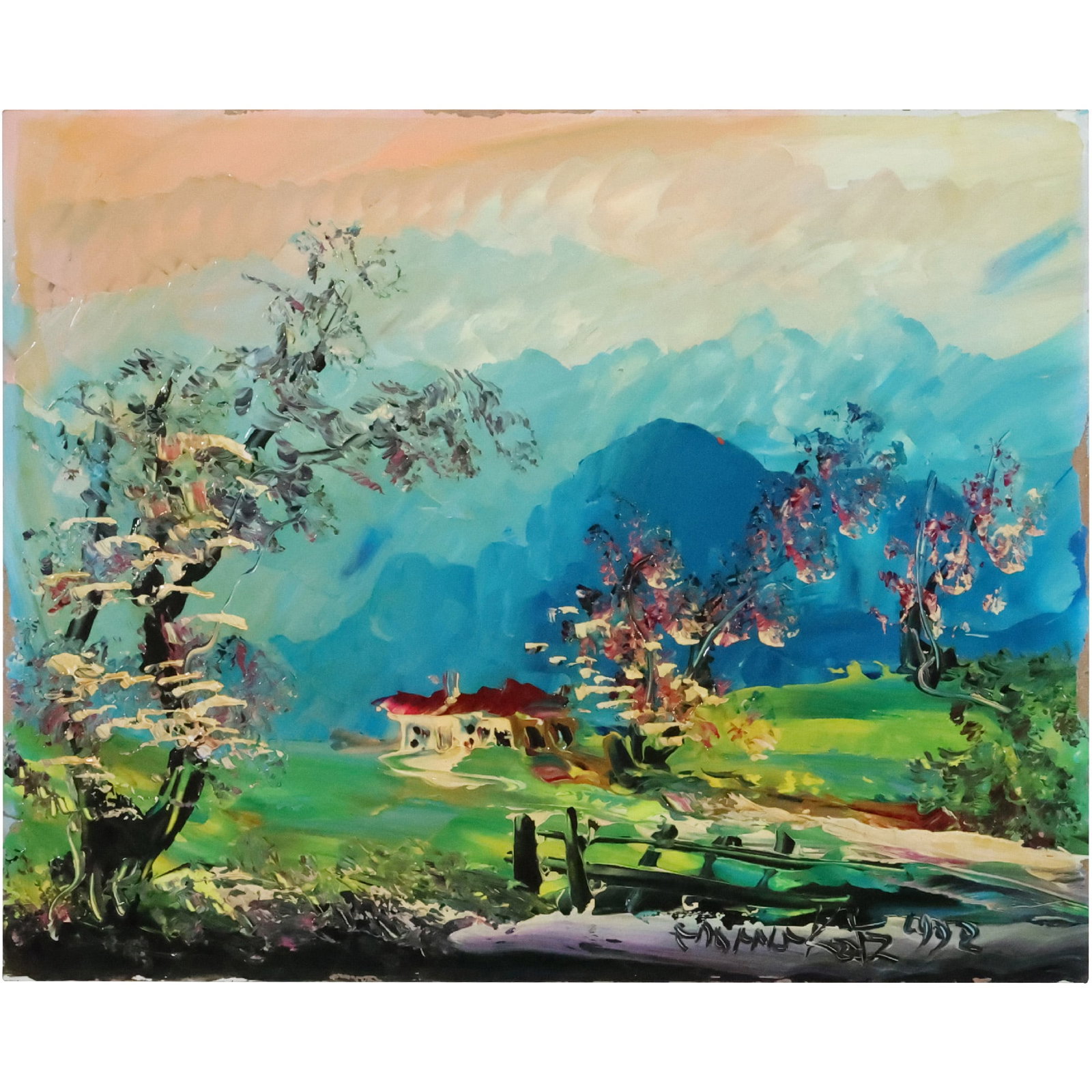 Morris Katz 1992, Jewish American, Colorful Acrylic Painting Catskill Mountains Landscape (1 of 15)