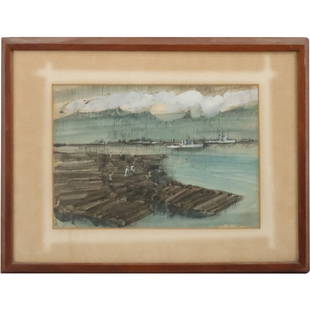 Robert Andrew Parker , American, Watercolor and Mixed Media Painting Port Scene with Naval Ships: Robert Andrew Parker , American, Watercolor and Mixed Media Painting Port Scene with Naval Ships. Signed and Framed. size: 10 x 14 matte, 16.5 x 21.5 outside frame. ASAKART: Robert Andrew Parker (Born