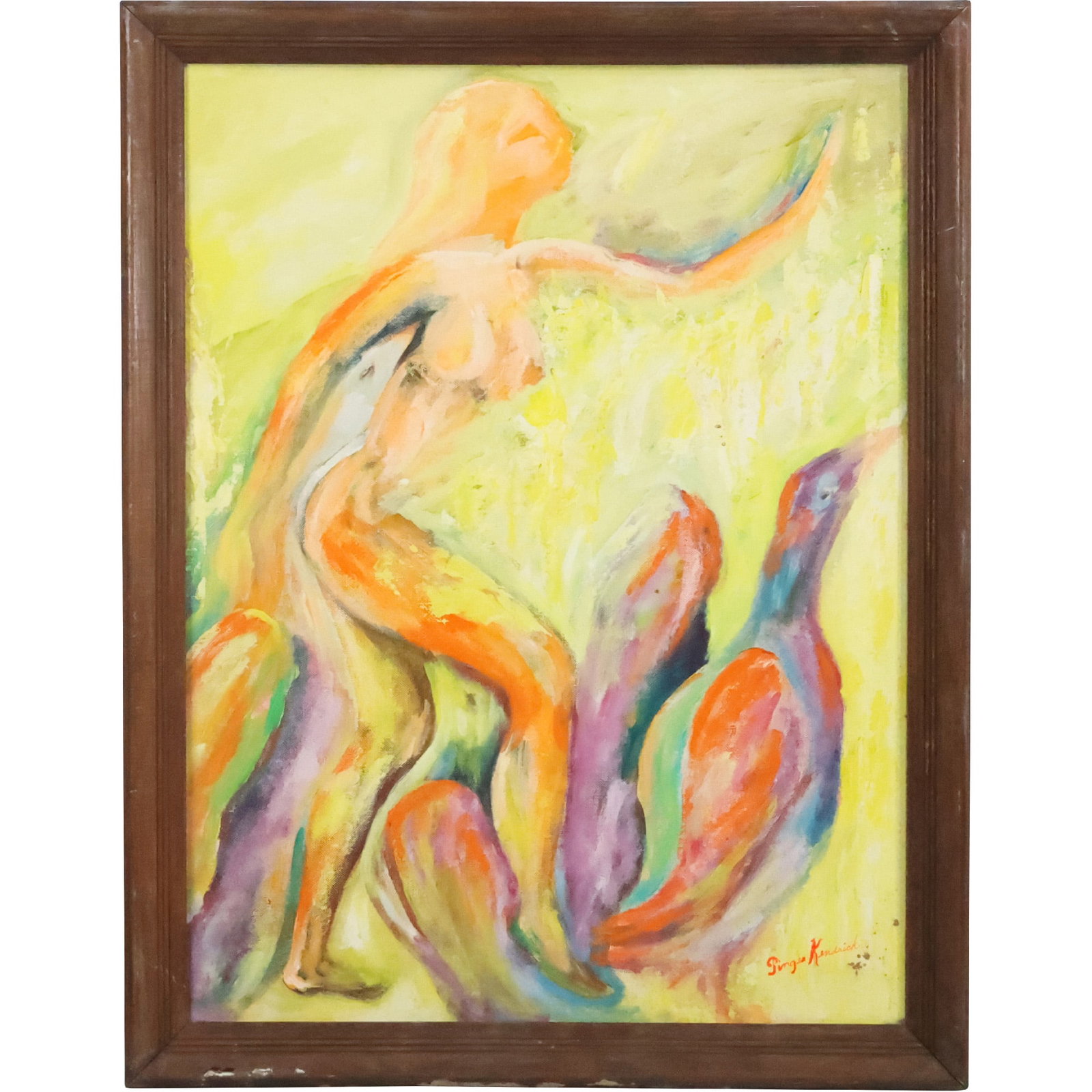Pinger Kendrick, Oil Painting Nude Running with Geese, Signed, Framed: Pinger Kendrick, Oil Painting Nude Running with Geese, Signed, Framed. size: 24 in. x 18 in., 26.75 in. x 20.75 in. outside frame Terms of Sale - Reminder: All descriptions and titles are solely opini
