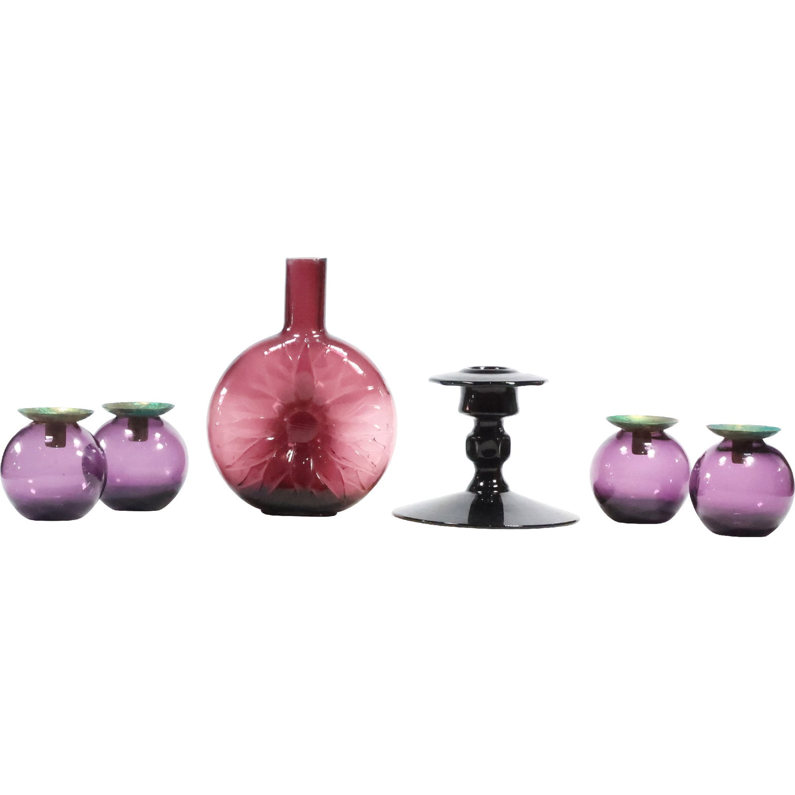 Assorted Art Glass Amethyst SWEDEN Candlestick Holders & Vase (1 of 18)