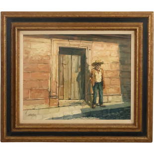 Michael Stoffa, 1923-2001, Oil on Canvas Painting Latin American Figure Next to Door: Michael Stoffa, 1923-2001, Oil on Canvas Painting Latin American Figure Next to Door. size: 16 x 20, 24 x 28 outside frame. ASKart: Michael Stoffa (1923 - 2001) was active/lived in Massachusetts. Mich