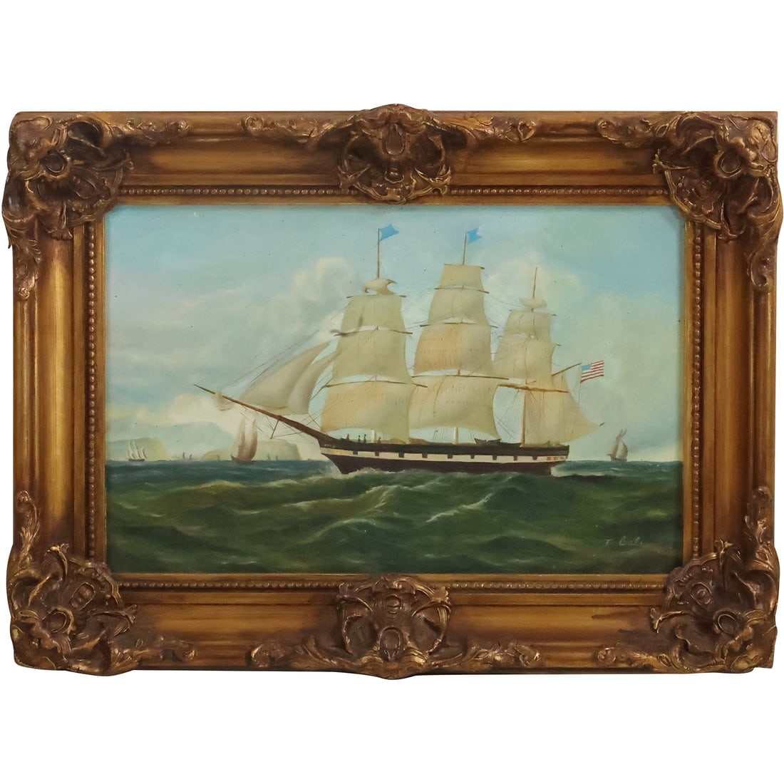 Signed T Bale, Nautical Oil on Canvas Painting AMERICAN CLIPPER SHIP, Framed (1 of 20)
