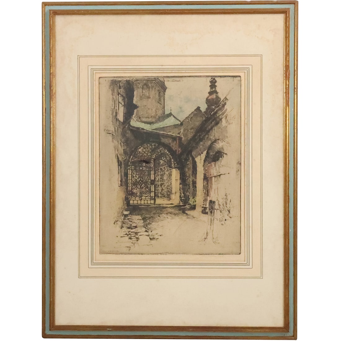 Luigi Kasimir, Framed Colored Etching European Gate in Courtyard (1 of 20)