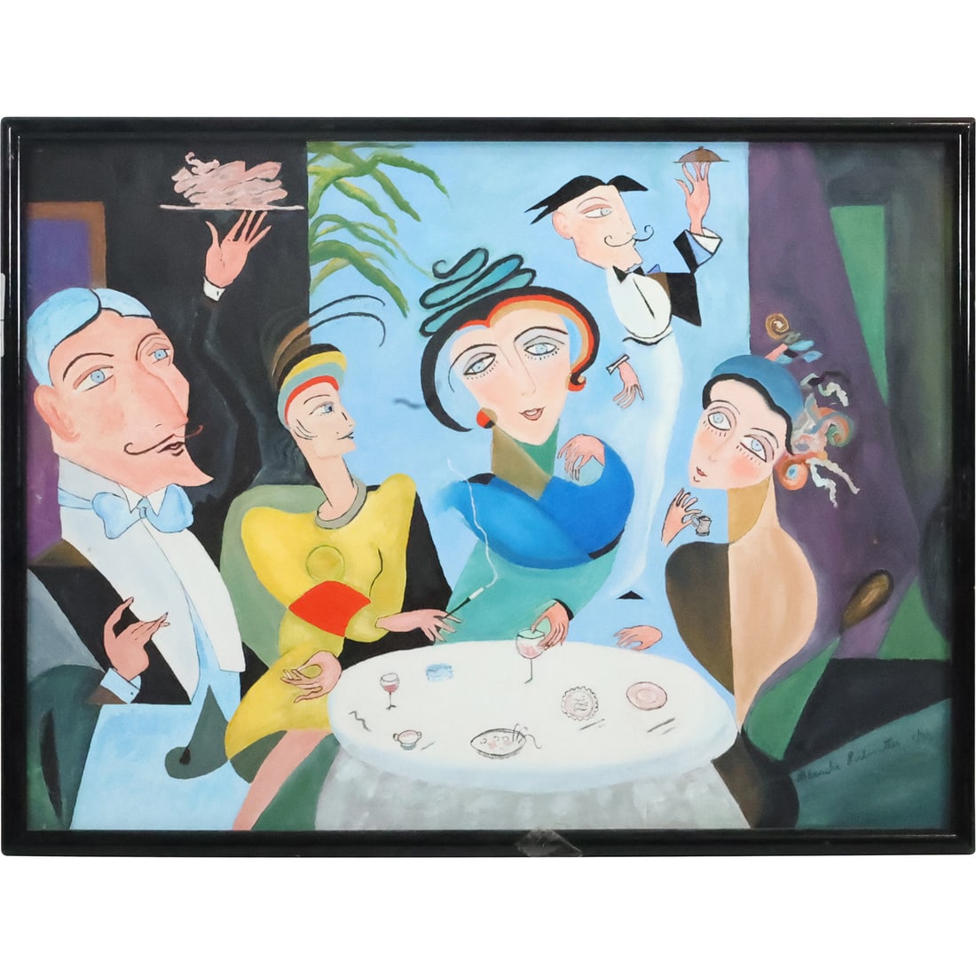 Blanche Perlmutter 1998, Oil on Canvas Painting Aristocrats Dining at French Cafe (1 of 20)