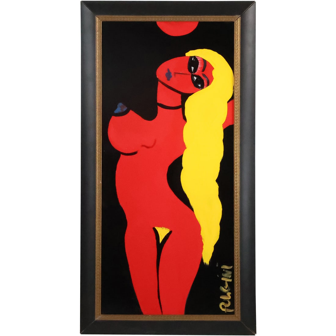 Thomas Pulgini, American, Oil Painting on Board, Abstract Nude with Yellow Hair, Signed, Framed: Thomas Pulgini, American, Oil Painting on Board, Abstract Nude with Yellow Hair, Signed, Framed. Well listed American artist. size: 39.75 x 17.75, 45 x 23 outside frame. ASKart: Thomas Pulgini, Born 1