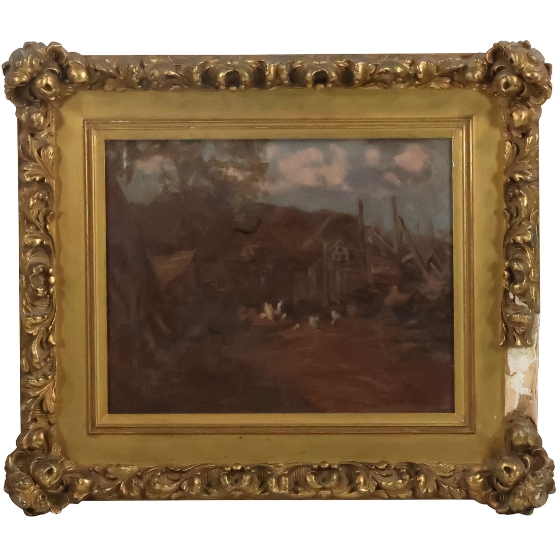 19th C. Oil Painting Barnyard Chickens Outside a Barn in Ruins, Artist Signed S Malloch (1 of 20)