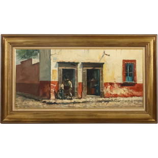 Michael Stoffa 1923-2001 American, Oil Painting on Canvas Latin American Figures at Building: Michael Stoffa 1923-2001 American, Oil Painting on Canvas Latin American Figures at Building. size: 12 x 26, 17.75 x 31.75 outside frame. ASKart: Michael Stoffa (1923 - 2001) was active/lived in Massa