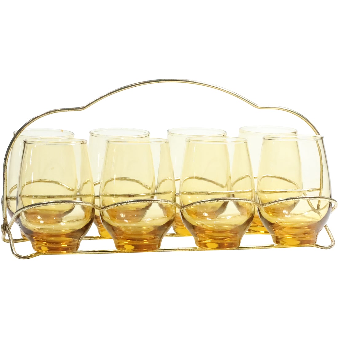 Eight Vintage Harvest Gold Libbey Tumbler Bar Glasses (1960s) in Metal Caddy: Eight Vintage Harvest Gold Libbey Tumbler Bar Glasses (1960s) size: carrier (7 x 13.75 x 6.5), glasses (4.5 x 3)