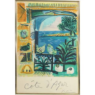 Pablo Picasso - Cote D'Azur - 1962 Lithograph Poster, Henri Deschamps Lith., Framed: Pablo Picasso - Cote D'Azur - 1962 Lithograph Poster, Henri Deschamps Lith., Framed. size: 38 x 25.5, 39 x 26.25 outside frame. Original poster designed by Picasso in collaboration with Henri Deschamp