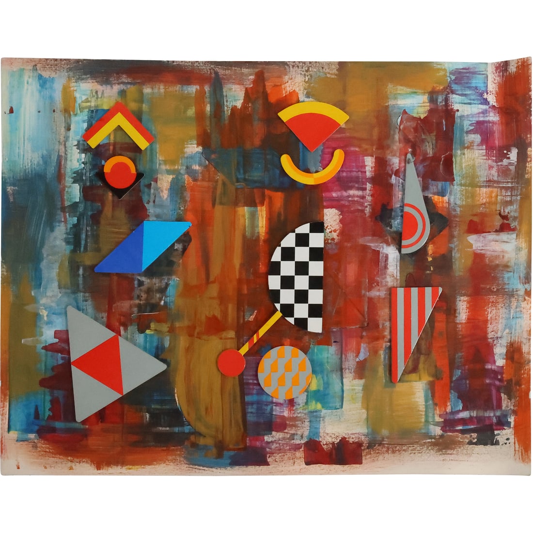 Dennis Sakelson, 20th C. Bucks County Artist, Colorful Abstract Oil Painting and Collage: Dennis Sakelson, 20th C. Bucks County Artist, Colorful Abstract Oil Painting and Collage. Early work, signed with his initials and Pen Name : Zumba. size: 21.75 in. x 27.75 in.