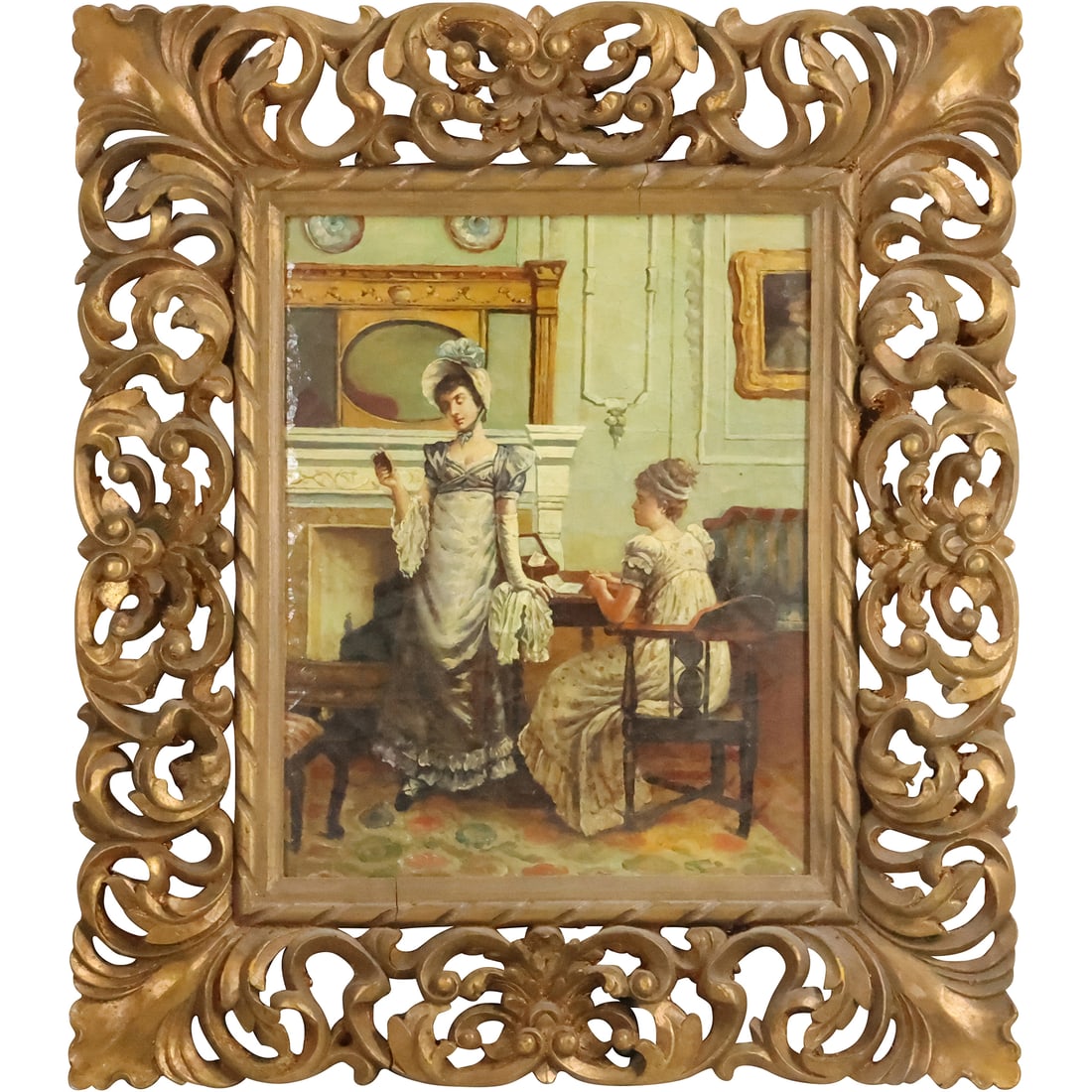 Two Victorian Women in The Parlor Oil Painting on Canvas 20 in. x 16 in. , Ornate Gold Frame (1 of 18)