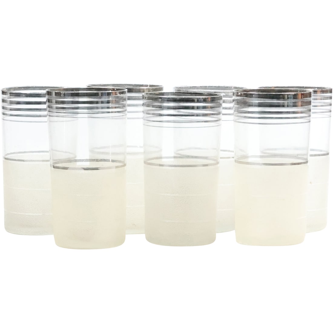 Set of 7 1930s Art Deco Macbeth Evans Platinum Bands Frosted Textured Barware Tumblers: Set of 7 1930s Art Deco Macbeth Evans Platinum Bands Frosted Textured Barware Tumblers size: 4.75 x 2.5