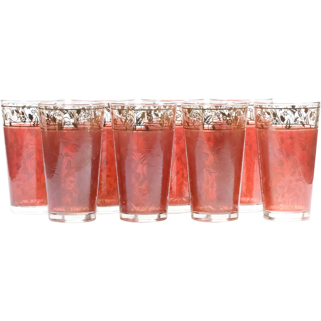 [8] Vintage Mid- Century Red and Gold Trim Tumblers Embossed Floral Design: [8] Vintage Mid- Century Red and Gold Trim Tumblers Embossed Floral Design, STAMPED "47" bottom size: 5.25 x 3