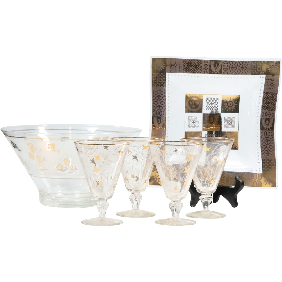 [6] Assorted Mid-Century Modern Glass: Bowl, Tray, 4 Cocktail Glasses, All Decorated (1 of 19)