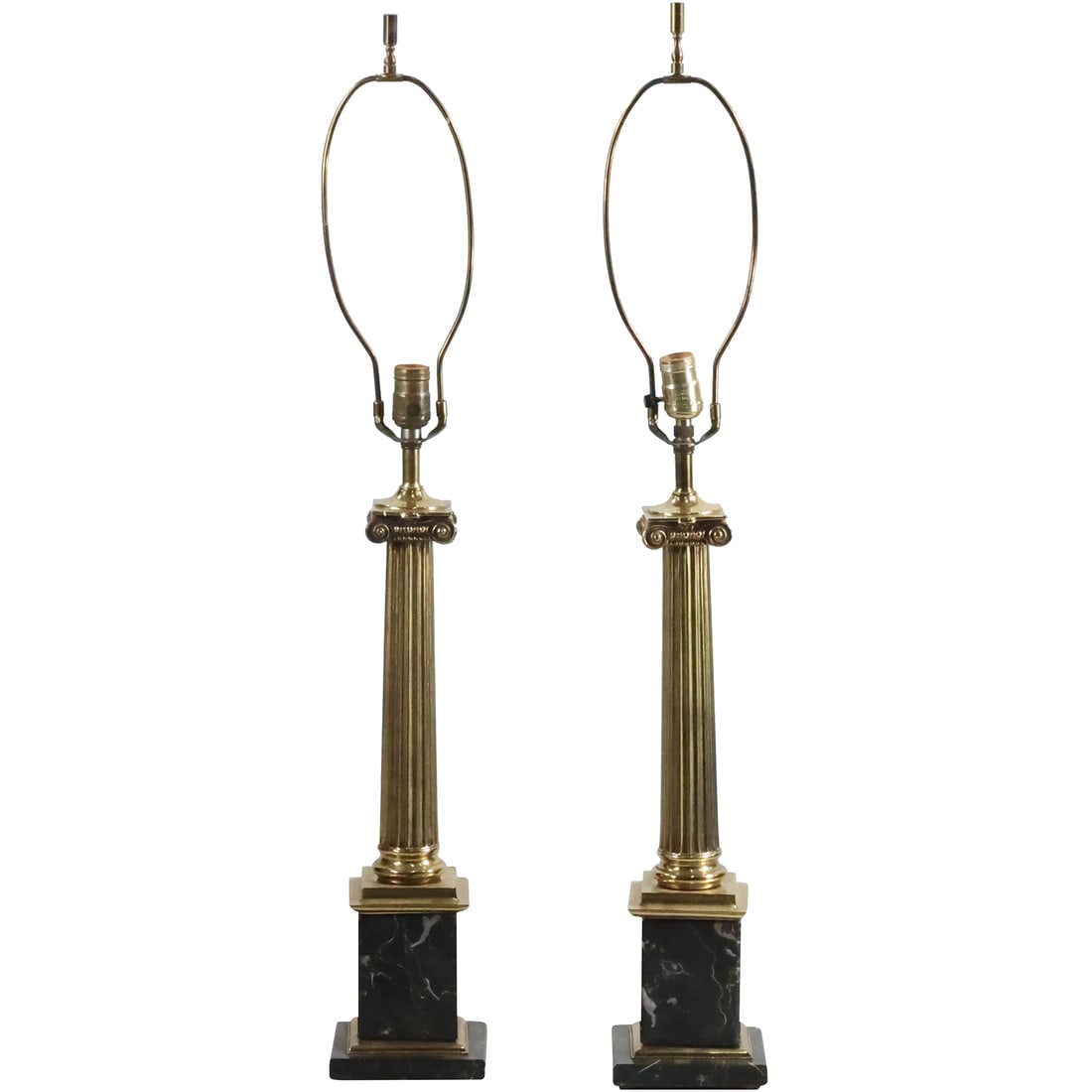[2] Brass Neo Classical Column Table Lamps on Black Marble Bases 38.5 in. overall height (1 of 15)