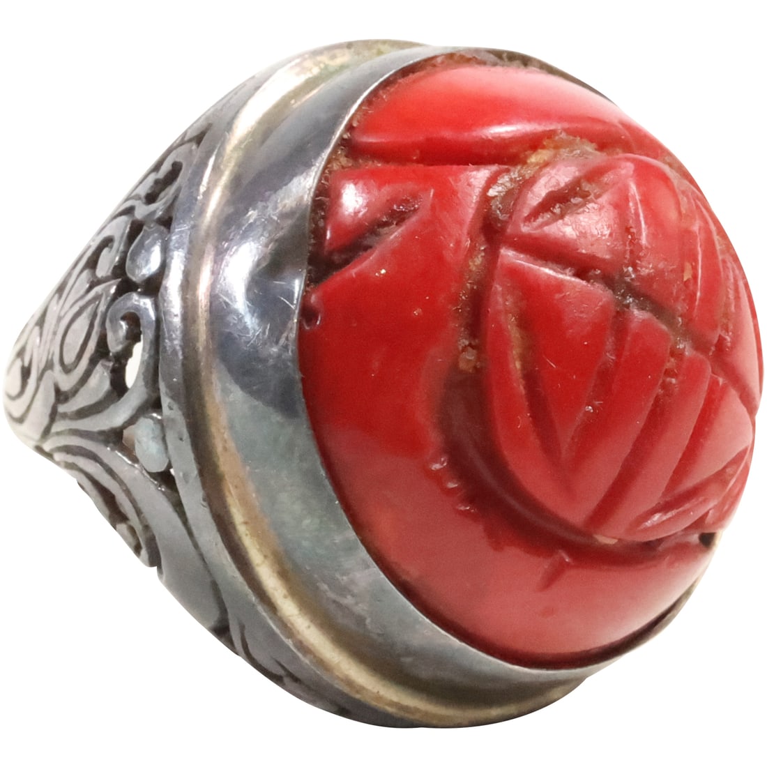 .925 Sterling Silver with Large Carved Red Stone Ring Size 7.25 , 1 1/4 in. diameter (1 of 11)
