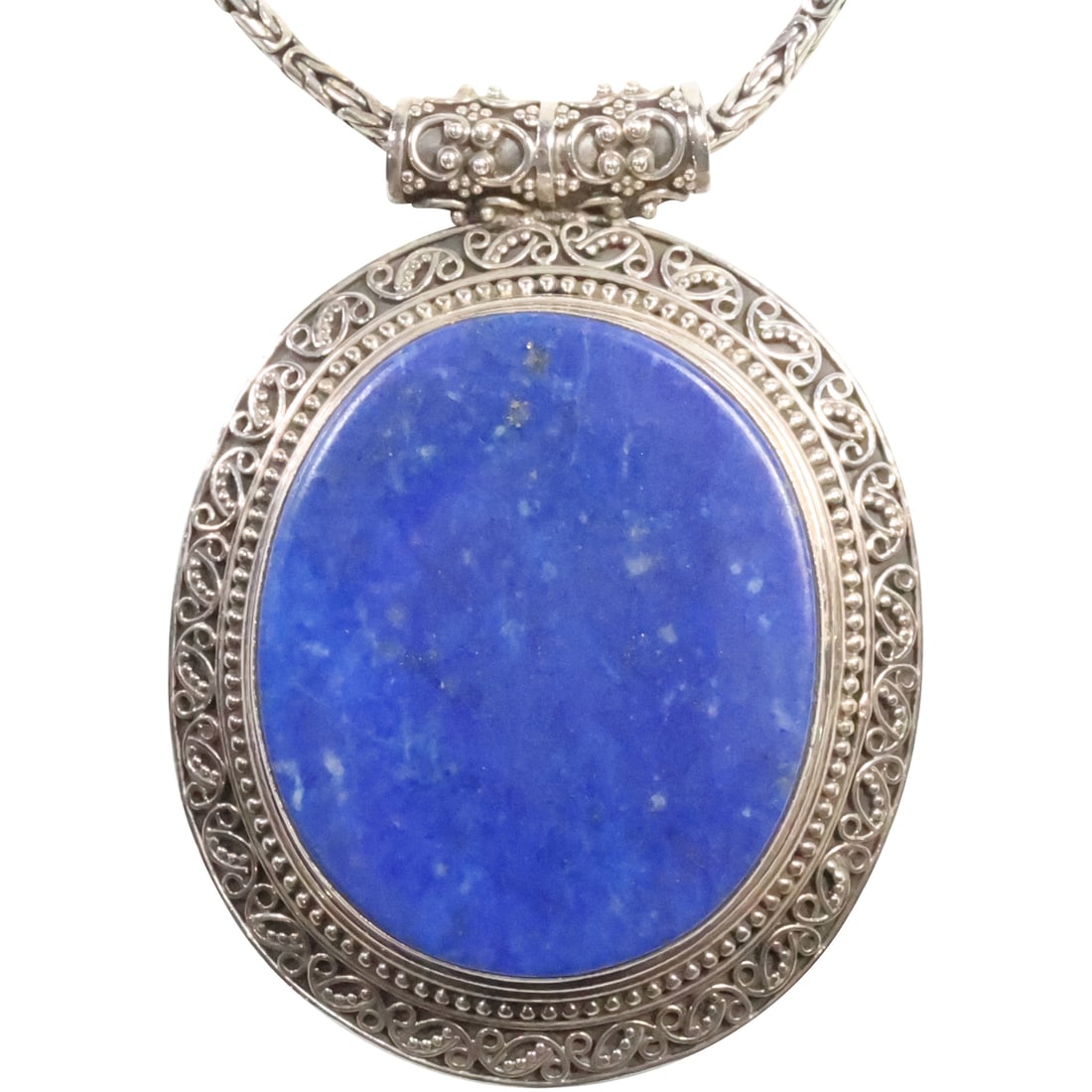 .925 Sterling Silver with Lapis Lazul Pendant Hand Tooled Setting on .925 Byzantine Chain 18 in. (1 of 14)