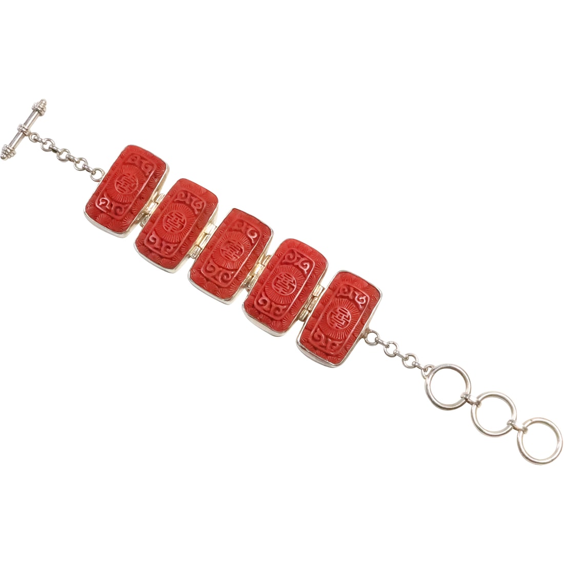 .925 Sterling Silver with 5 Red Cinnabar Panels Bracelet 9 in. x 1 1/4 in.: .925 Sterling Silver with 5 Red Cinnabar Panels Bracelet 9 in. x 1 1/4 in.