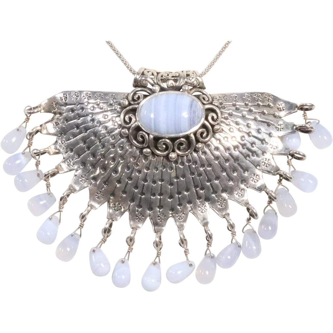 .925 Sterling Silver Blue Lace Agate Peacock Fan Pendant on .925 Sterling Silver Chain 18 in. (1 of 14)
