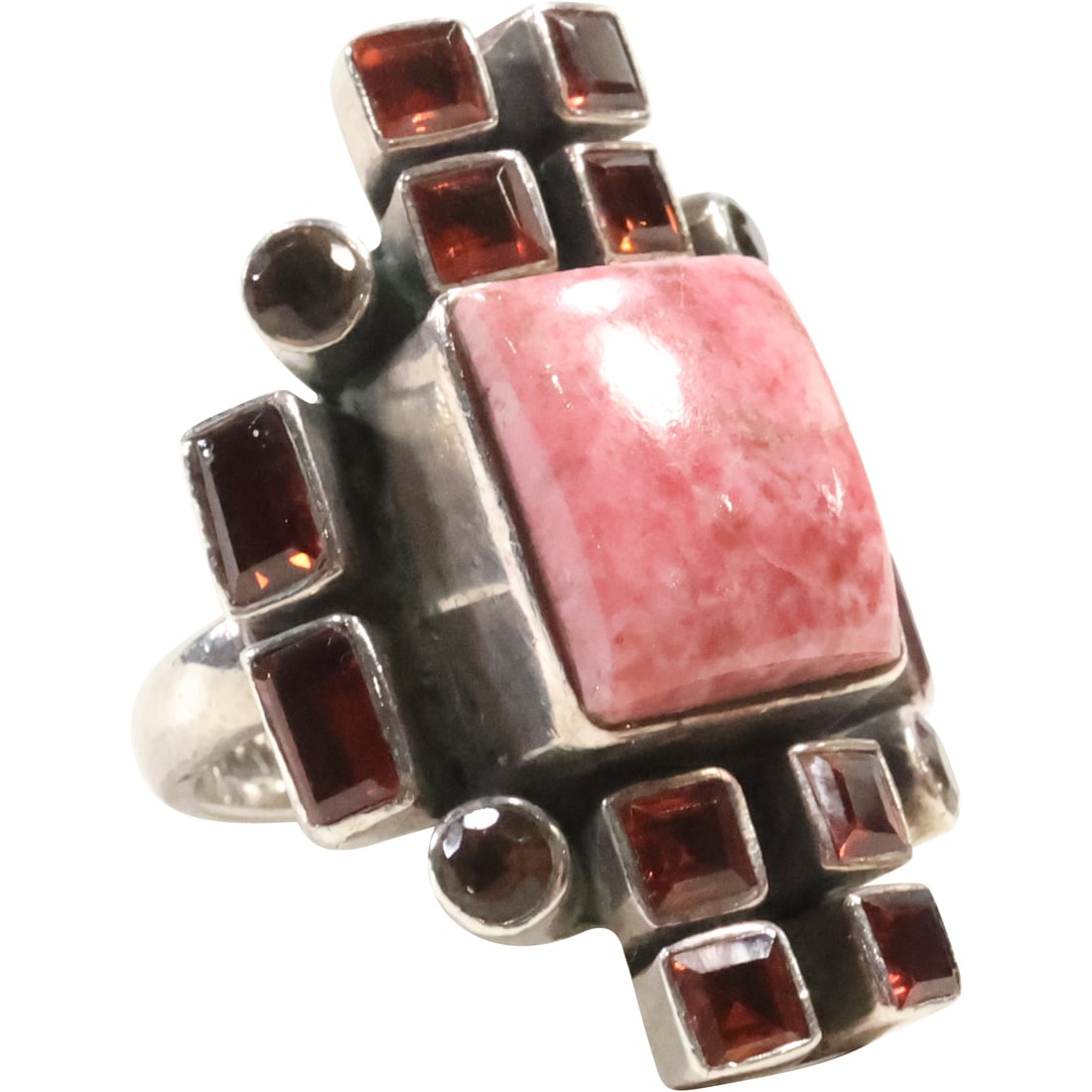 .925 Sterling Silver NB 134/600 Garnets with Pink Agate Center Stone Ring Size 7, 7/8 in. x 1 1/4 in (1 of 12)
