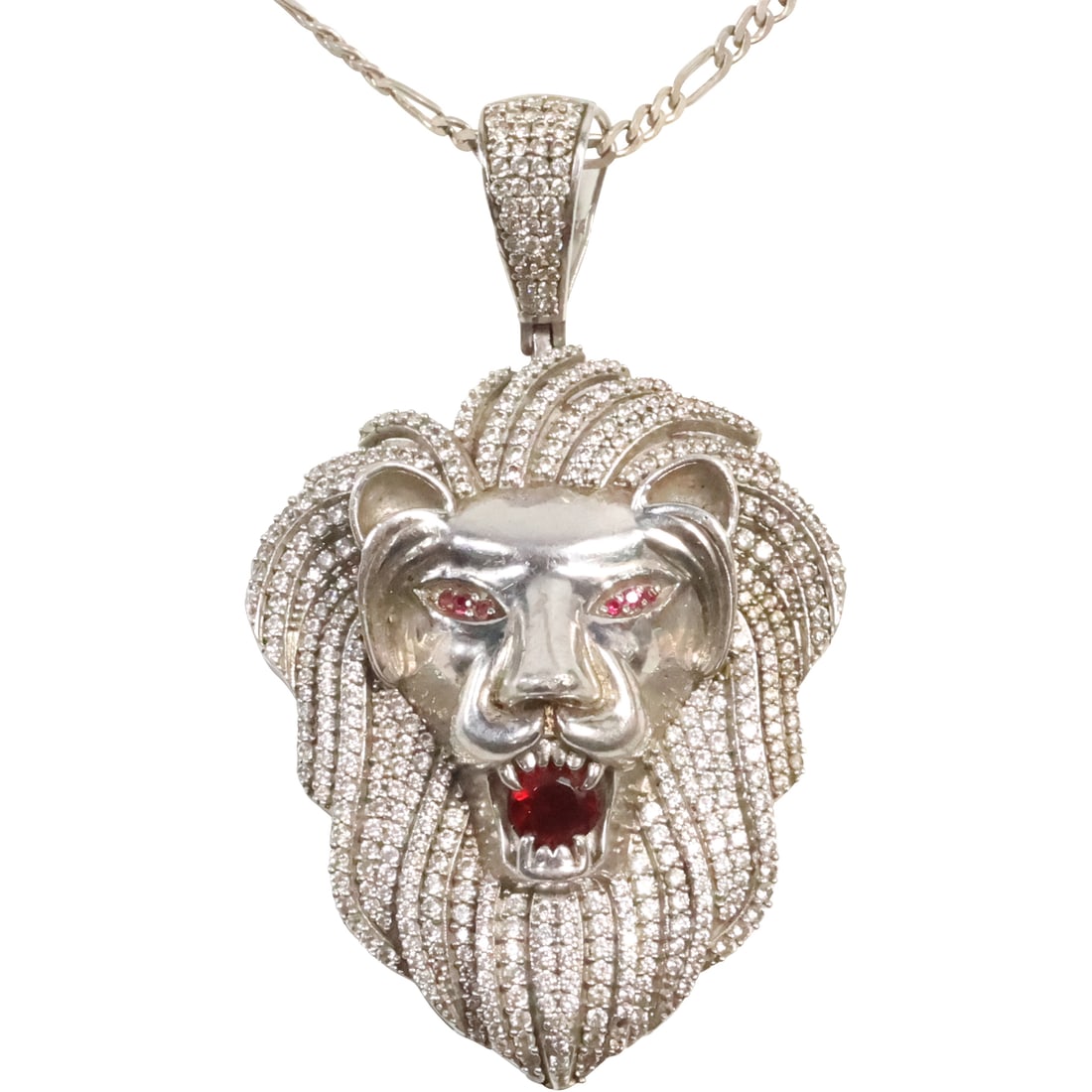 .925 Sterling Silver LION Pendant with CZ, Red Stone in Mouth, Genuine Ruby Eyes, .925 Chain (1 of 14)