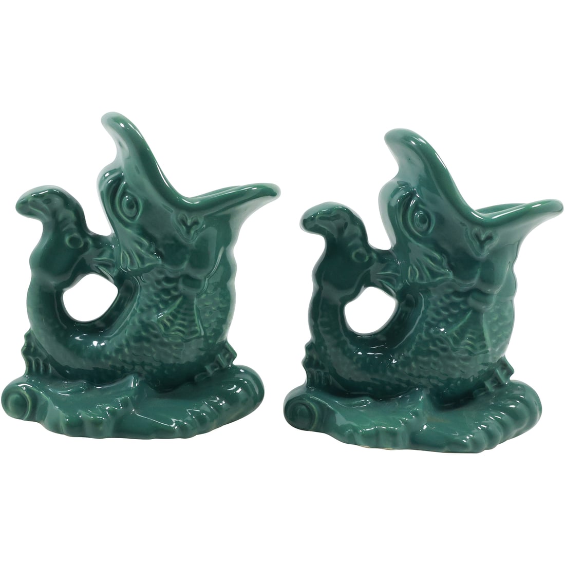 [2] Green Glazed Ceramic Serpent Fish Figure Vases 9.75 in. height (1 of 20)