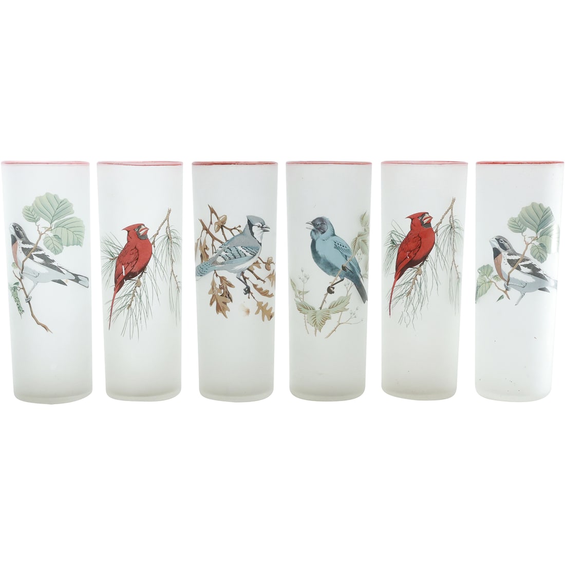 Set of 6 Vintage Federal Glass Frosted Songbird Highball Glasses: Set of 6 Vintage Federal Glass Frosted Songbird Highball Glasses size: 7x2.5