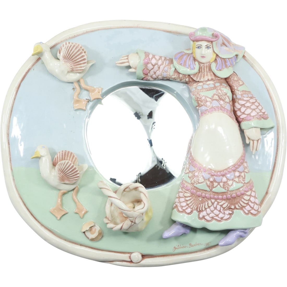 Jillian Barber 1987, Sculptured Ceramic Wall Mirror with Figure, Basket, Flowers 14 in. diameter (1 of 18)