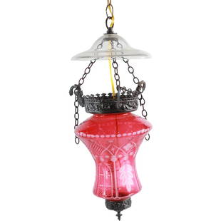 19th C. Victorian Etched Cranberry Glass Hanging Hall Fixture 22 inches x 9 in. wide: 19th C. Victorian Etched Cranberry Glass Hanging Hall Fixture 22 inches x 9 in. wide. size: 22 in. x 9 in.