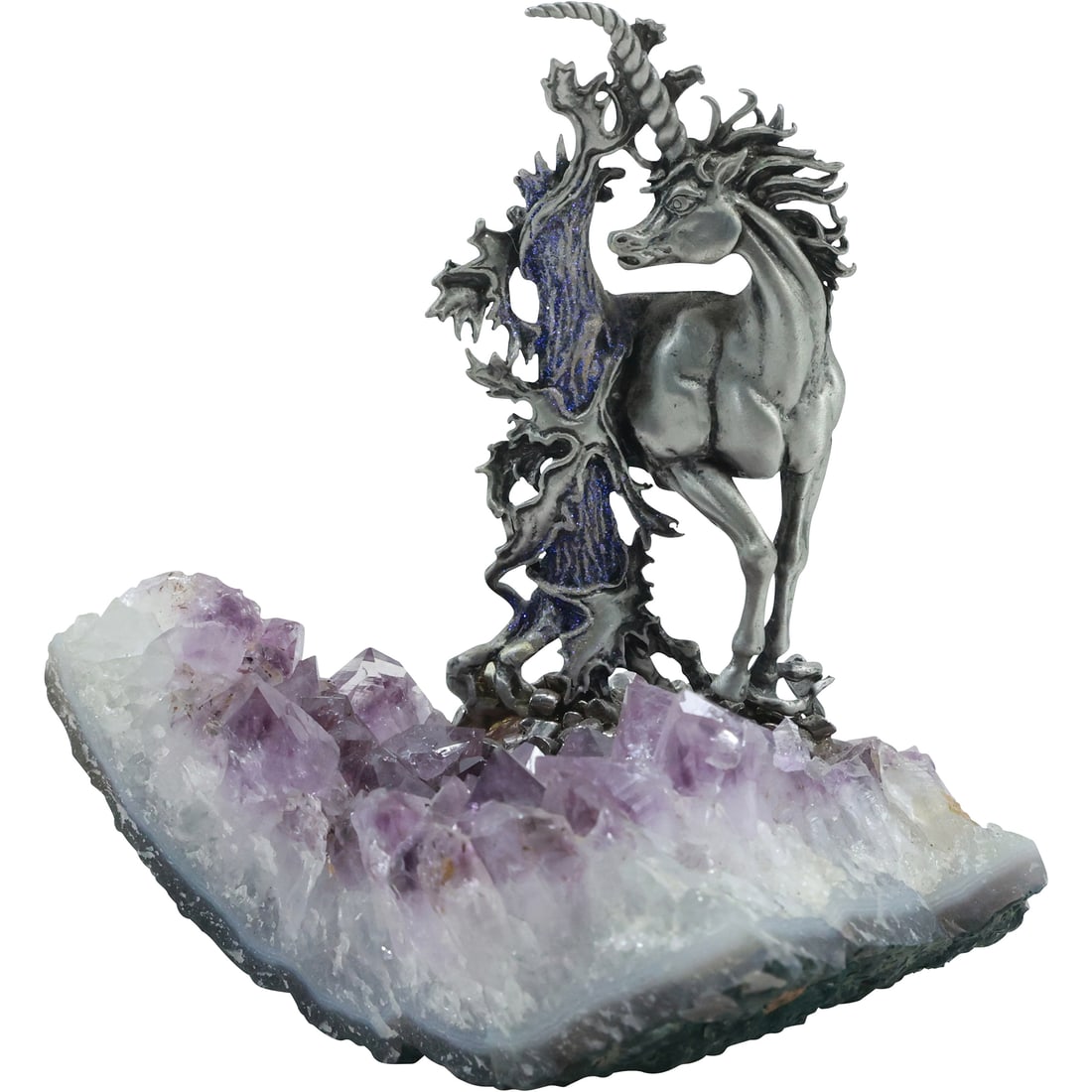 Pewter Unicorn Figure Mounted on an Amethyst Geode Mineral Stone Base 5.25 in. height (1 of 12)